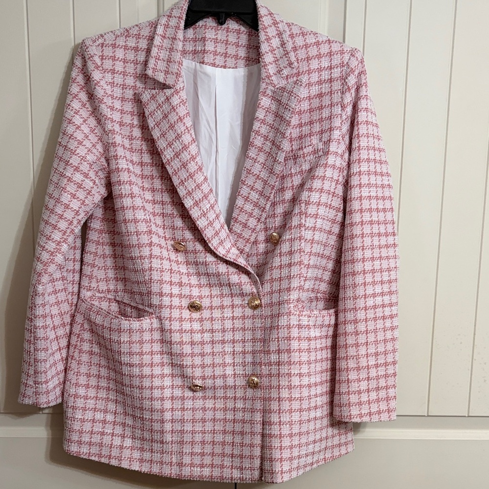 Double-Breasted Pink Tweed Blazer Jacket Size L